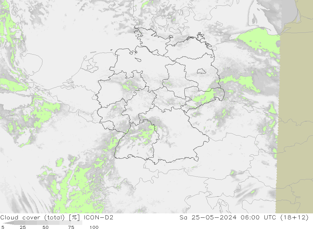 Cloud cover (total) ICON-D2 Sa 25.05.2024 06 UTC