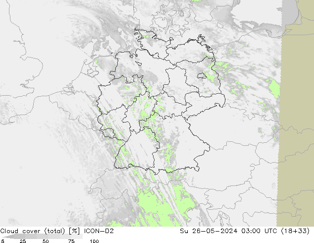 Cloud cover (total) ICON-D2 Ne 26.05.2024 03 UTC