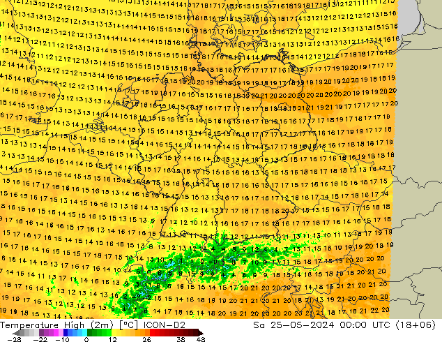 Höchstwerte (2m) ICON-D2 Sa 25.05.2024 00 UTC