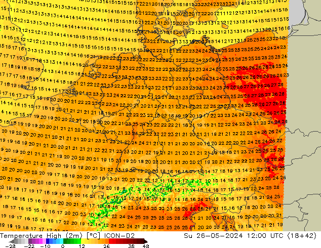 Temperatura máx. (2m) ICON-D2 dom 26.05.2024 12 UTC