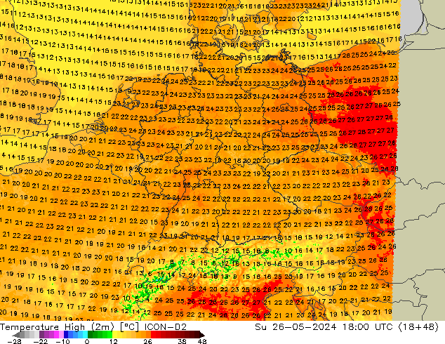 Temperature High (2m) ICON-D2 Su 26.05.2024 18 UTC