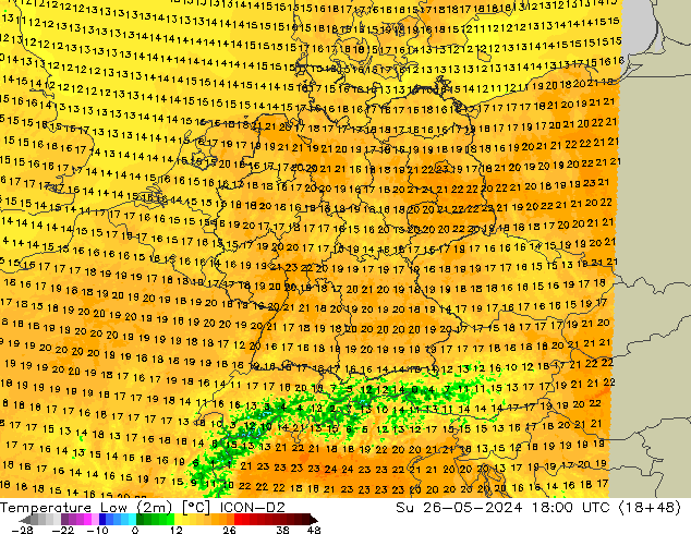 Temperature Low (2m) ICON-D2 Su 26.05.2024 18 UTC