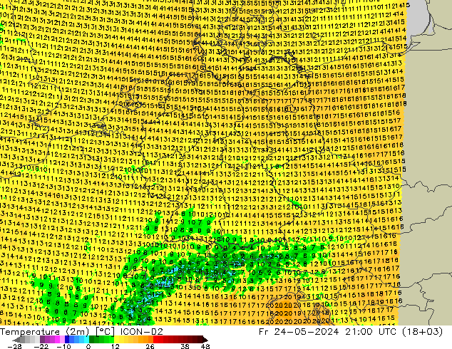 Temperatura (2m) ICON-D2 vie 24.05.2024 21 UTC