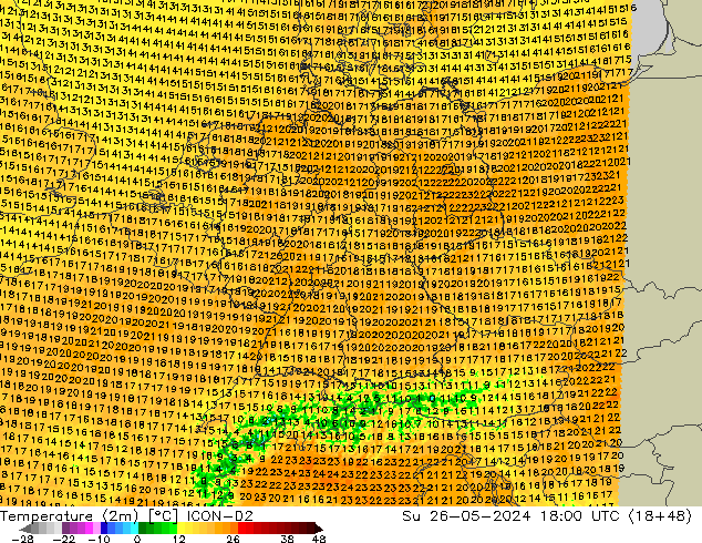 Temperatura (2m) ICON-D2 dom 26.05.2024 18 UTC