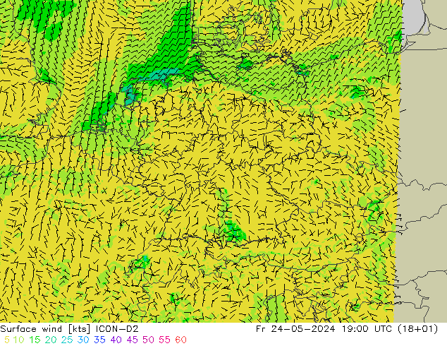 Surface wind ICON-D2 Pá 24.05.2024 19 UTC