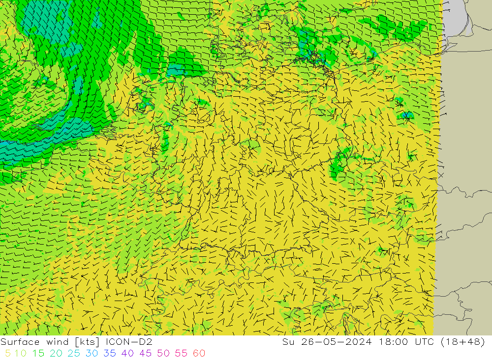 Viento 10 m ICON-D2 dom 26.05.2024 18 UTC