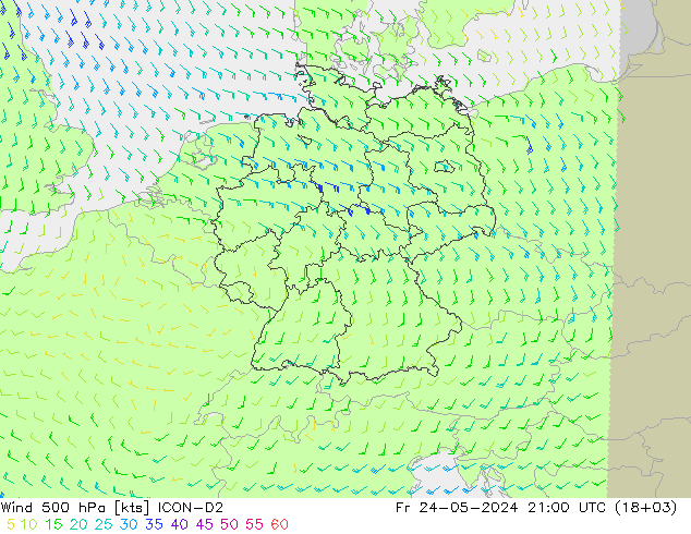 wiatr 500 hPa ICON-D2 pt. 24.05.2024 21 UTC