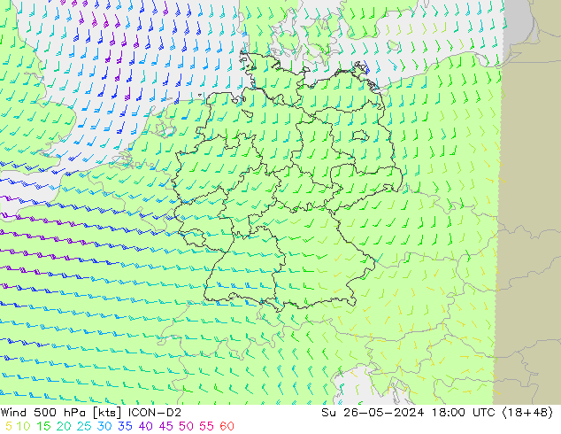 Viento 500 hPa ICON-D2 dom 26.05.2024 18 UTC