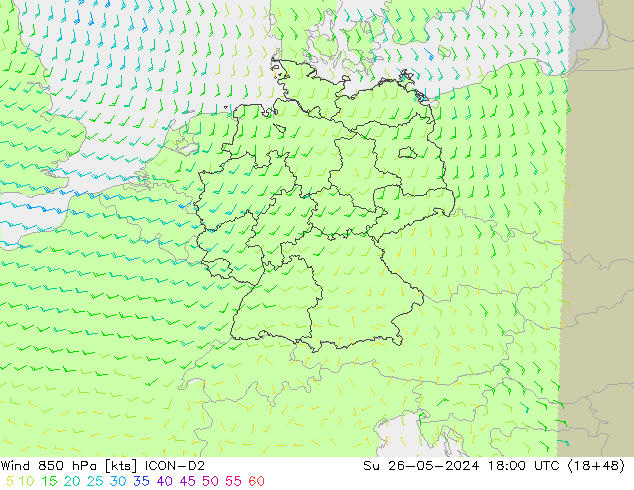 Wind 850 hPa ICON-D2 Su 26.05.2024 18 UTC