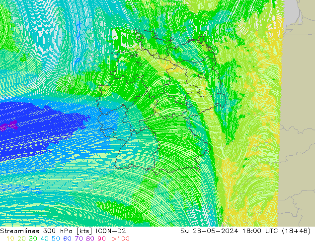 Rüzgar 300 hPa ICON-D2 Paz 26.05.2024 18 UTC