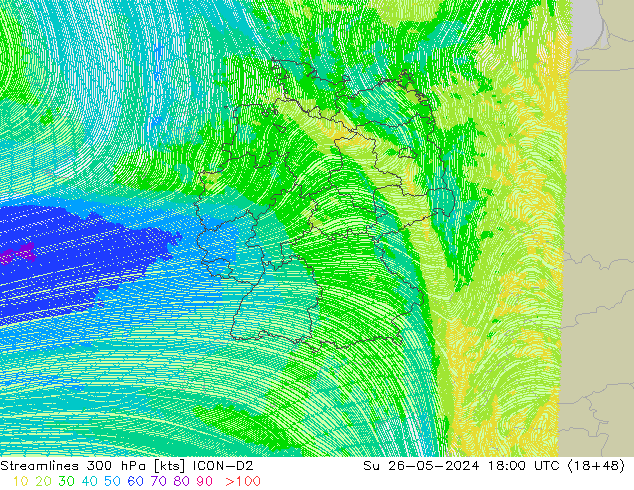 Streamlines 300 hPa ICON-D2 Su 26.05.2024 18 UTC