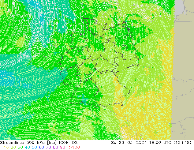 Linia prądu 500 hPa ICON-D2 nie. 26.05.2024 18 UTC