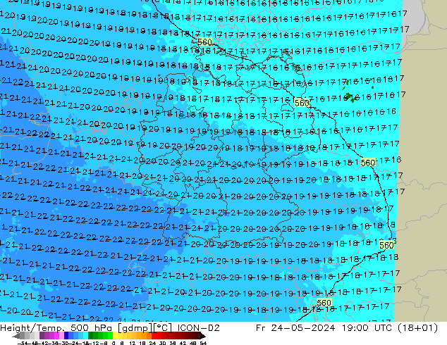 Height/Temp. 500 hPa ICON-D2 Fr 24.05.2024 19 UTC