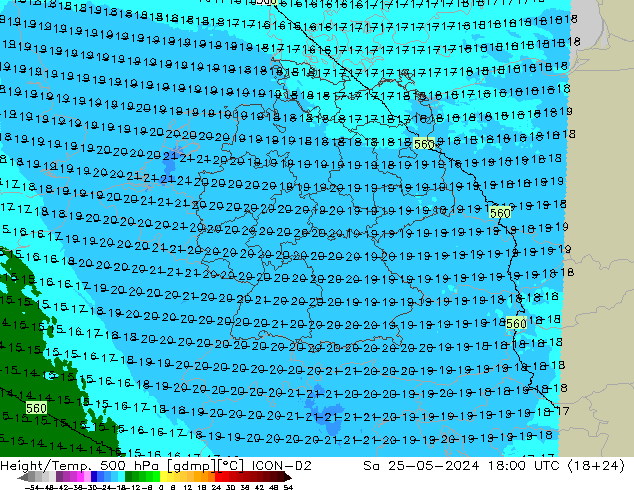 Height/Temp. 500 hPa ICON-D2 Sa 25.05.2024 18 UTC