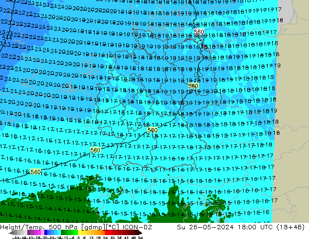 Hoogte/Temp. 500 hPa ICON-D2 zo 26.05.2024 18 UTC