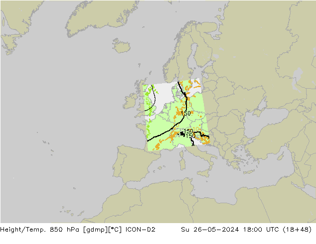 Géop./Temp. 850 hPa ICON-D2 dim 26.05.2024 18 UTC