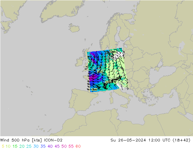 Wind 500 hPa ICON-D2 So 26.05.2024 12 UTC