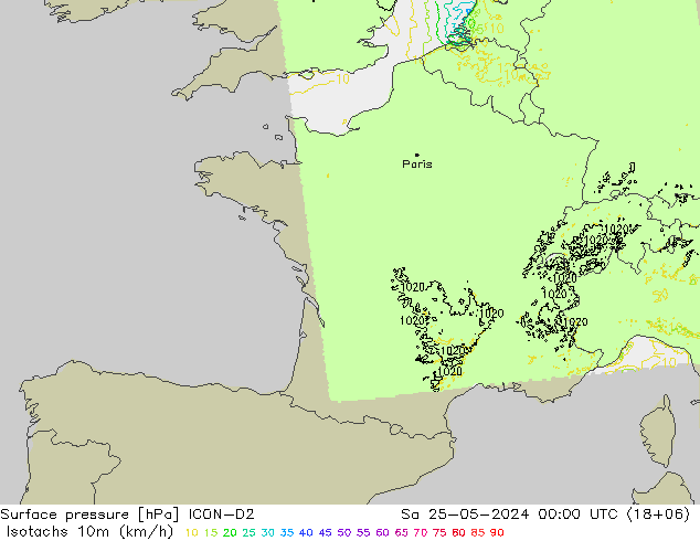 Isotachs (kph) ICON-D2 сб 25.05.2024 00 UTC