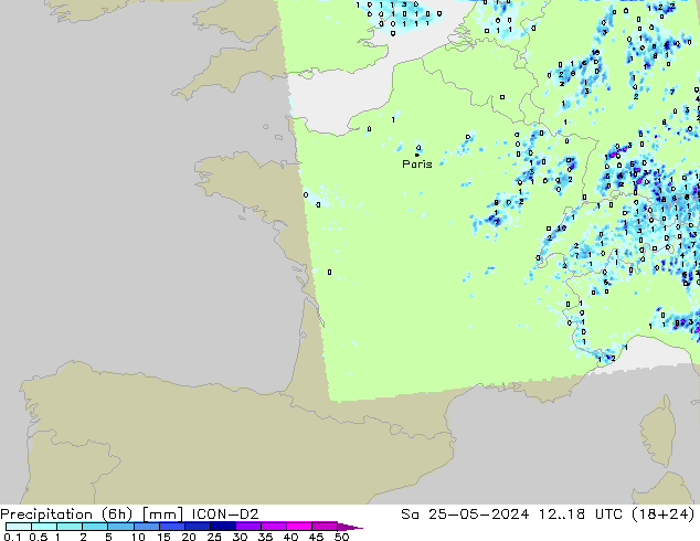 Totale neerslag (6h) ICON-D2 za 25.05.2024 18 UTC