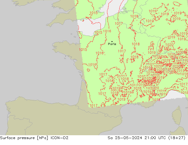 Atmosférický tlak ICON-D2 So 25.05.2024 21 UTC