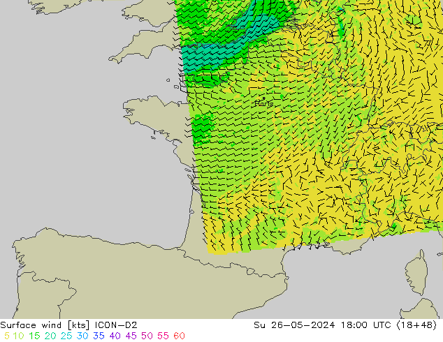 Surface wind ICON-D2 Su 26.05.2024 18 UTC