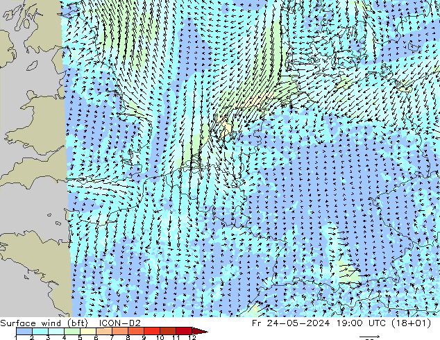 Surface wind (bft) ICON-D2 Pá 24.05.2024 19 UTC