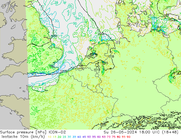 Isotachs (kph) ICON-D2 Вс 26.05.2024 18 UTC