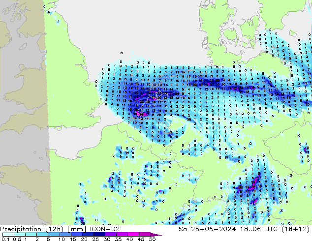 降水量 (12h) ICON-D2 星期六 25.05.2024 06 UTC