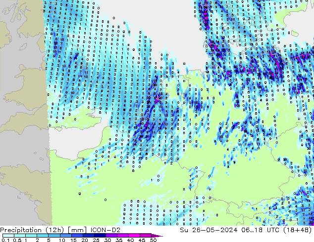 осадки (12h) ICON-D2 Вс 26.05.2024 18 UTC