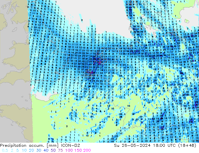 Precipitation accum. ICON-D2 dom 26.05.2024 18 UTC