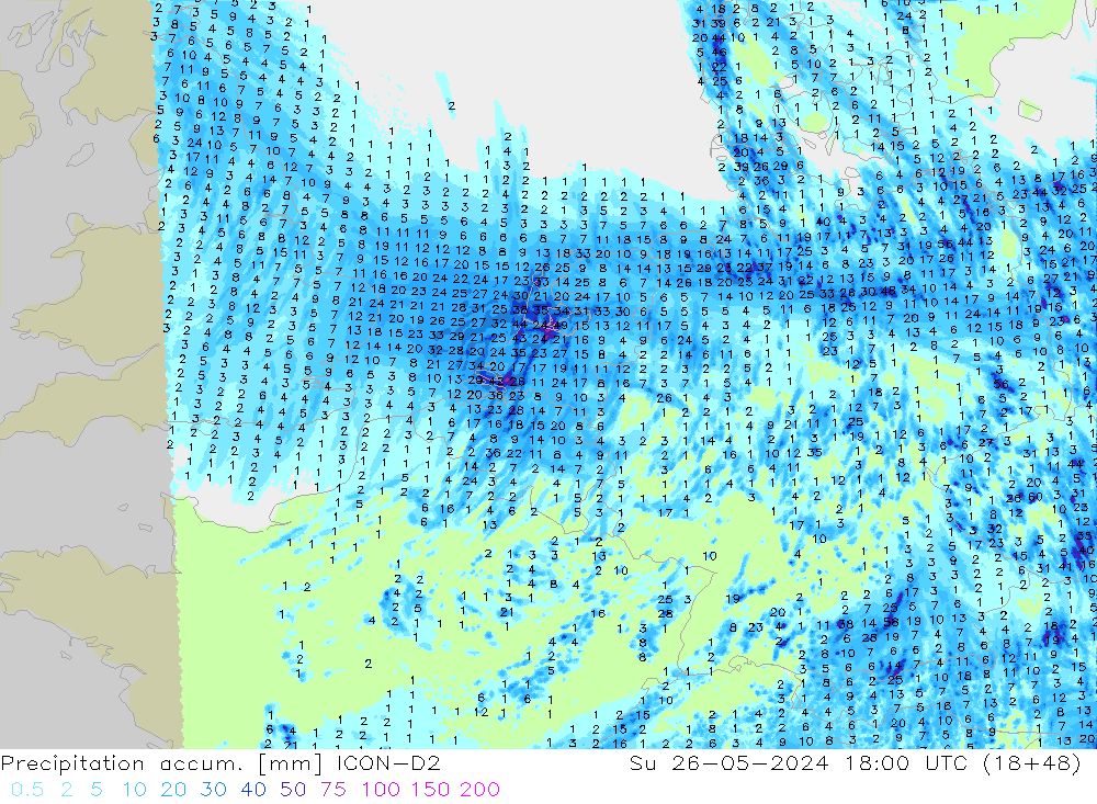 Precipitation accum. ICON-D2 Su 26.05.2024 18 UTC