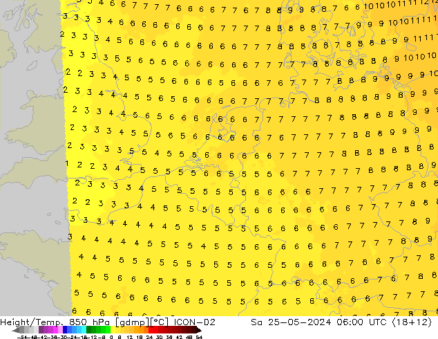 Height/Temp. 850 hPa ICON-D2 Sa 25.05.2024 06 UTC