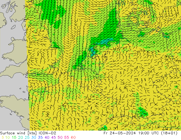 Surface wind ICON-D2 Fr 24.05.2024 19 UTC