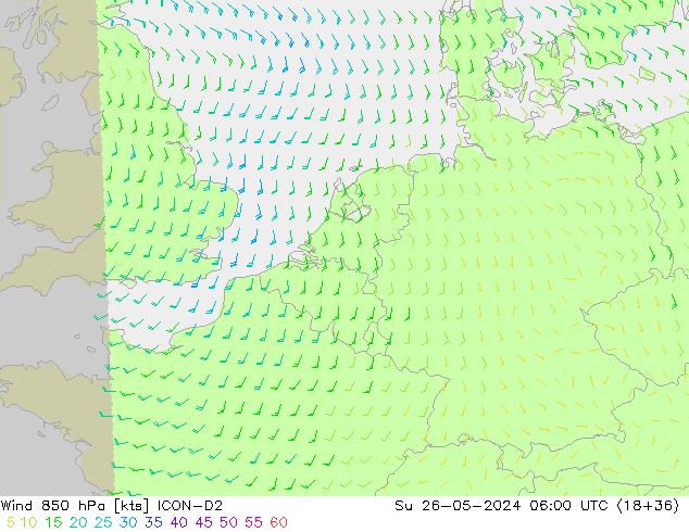 Wind 850 hPa ICON-D2 Ne 26.05.2024 06 UTC