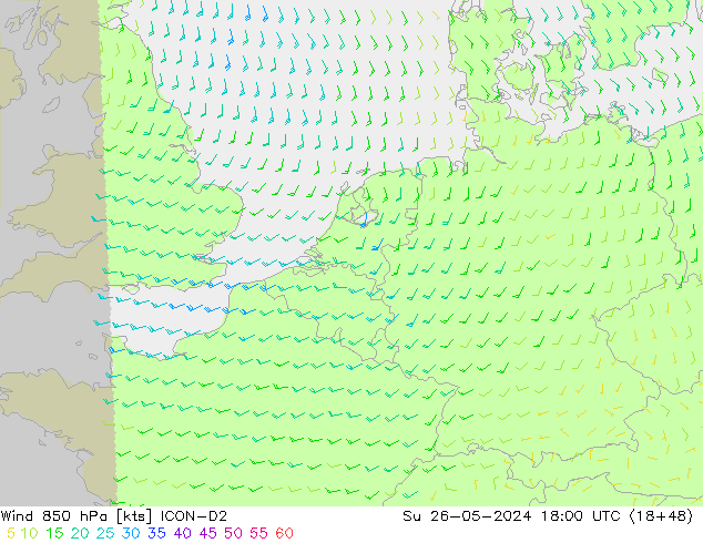 Vento 850 hPa ICON-D2 dom 26.05.2024 18 UTC