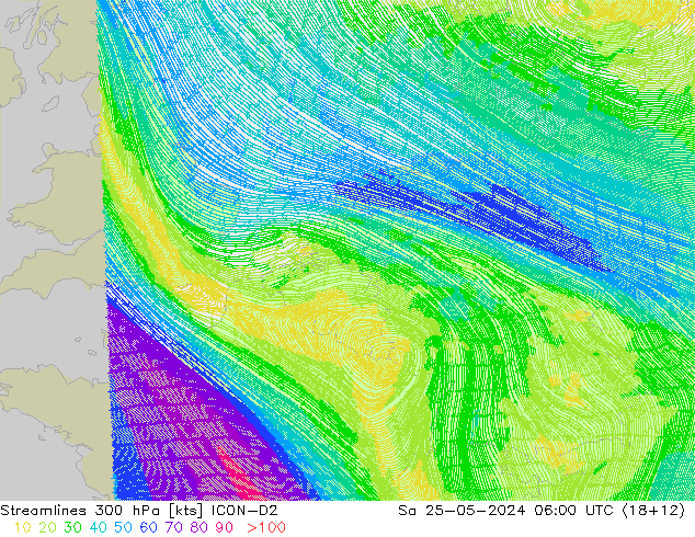 Streamlines 300 hPa ICON-D2 Sa 25.05.2024 06 UTC