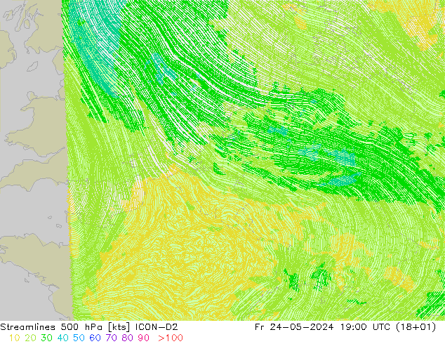 Streamlines 500 hPa ICON-D2 Fr 24.05.2024 19 UTC