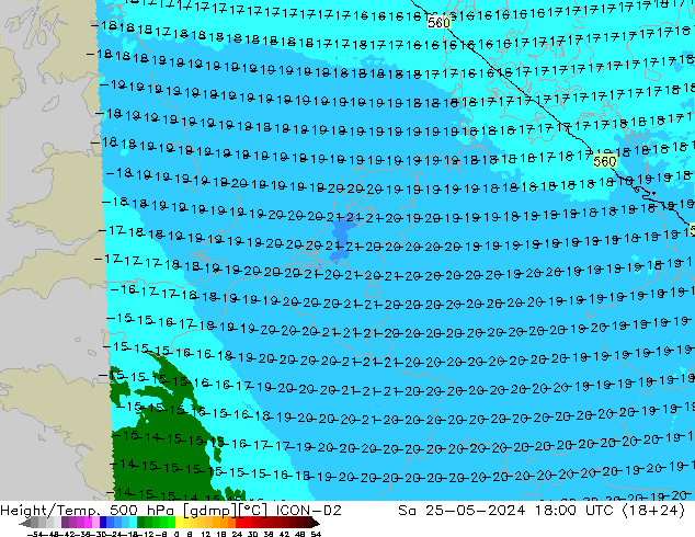 Height/Temp. 500 hPa ICON-D2 Sa 25.05.2024 18 UTC