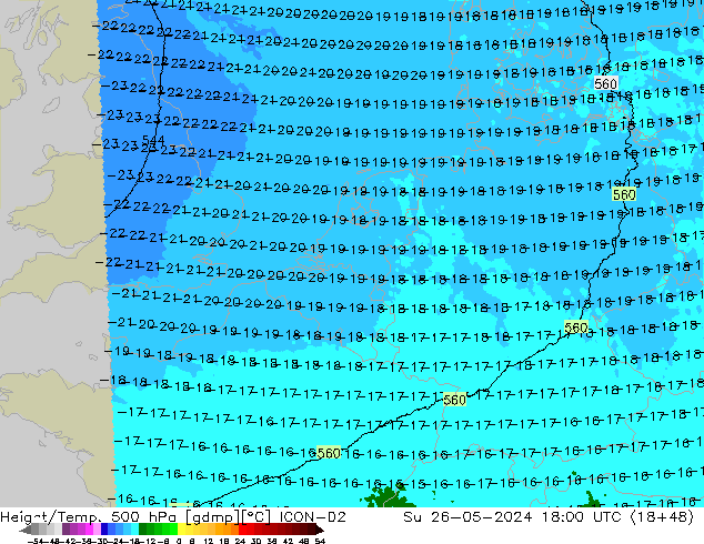 Height/Temp. 500 hPa ICON-D2 So 26.05.2024 18 UTC