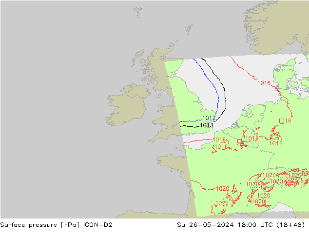Luchtdruk (Grond) ICON-D2 zo 26.05.2024 18 UTC