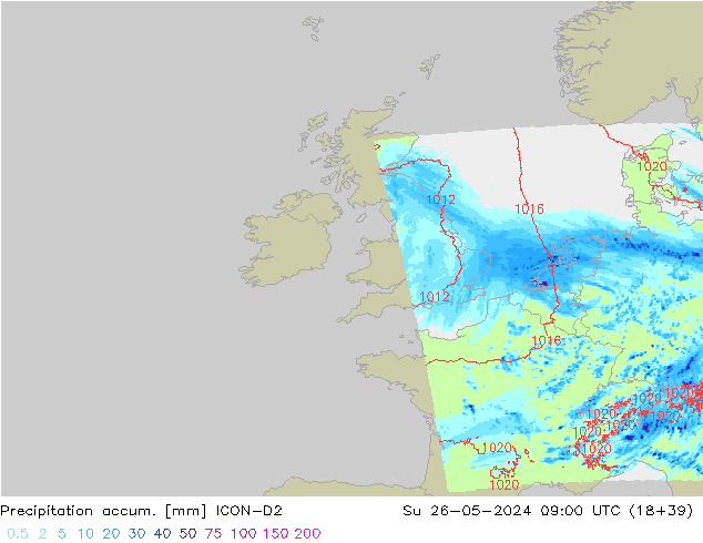 Precipitation accum. ICON-D2 Su 26.05.2024 09 UTC