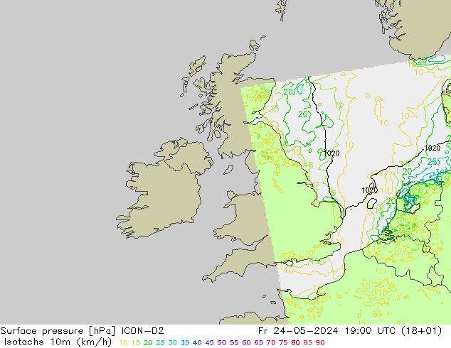 Izotacha (km/godz) ICON-D2 pt. 24.05.2024 19 UTC