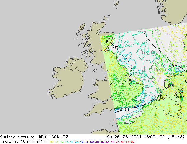 Isotachs (kph) ICON-D2 dom 26.05.2024 18 UTC