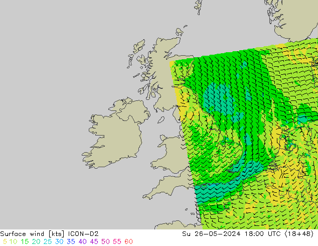 Wind 10 m ICON-D2 zo 26.05.2024 18 UTC