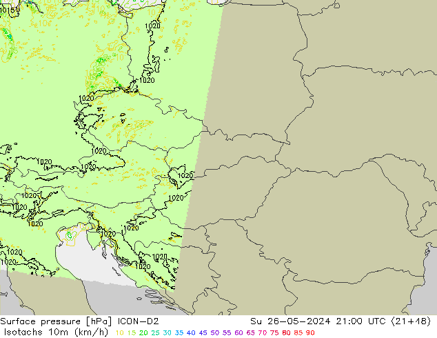 Isotachs (kph) ICON-D2 Dom 26.05.2024 21 UTC