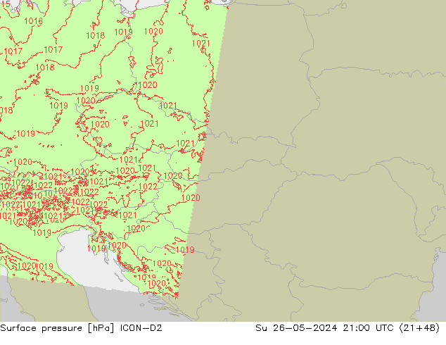 Luchtdruk (Grond) ICON-D2 zo 26.05.2024 21 UTC