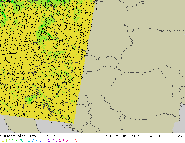 Surface wind ICON-D2 Su 26.05.2024 21 UTC