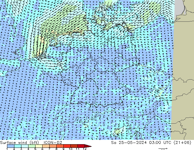 Surface wind (bft) ICON-D2 Sa 25.05.2024 03 UTC