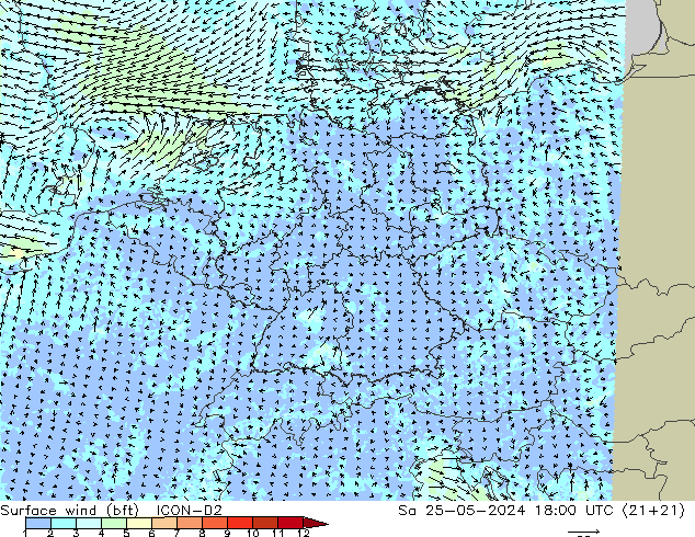 Surface wind (bft) ICON-D2 Sa 25.05.2024 18 UTC