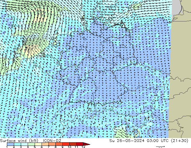 Surface wind (bft) ICON-D2 Su 26.05.2024 03 UTC